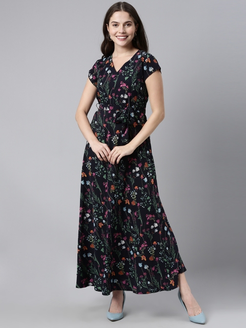 

AHIKA Navy Blue & Pink Floral Printed Maxi Dress