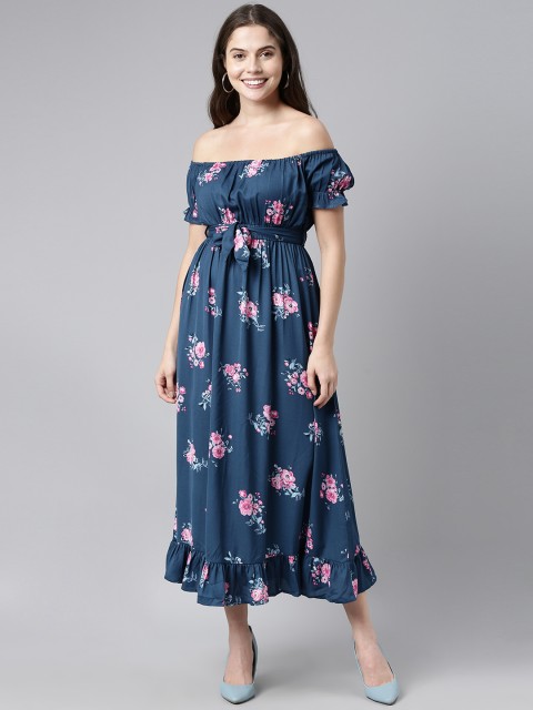 

AHIKA Women Teal & Pink Floral Print Off-Shoulder Georgette Fit & Flare Dress