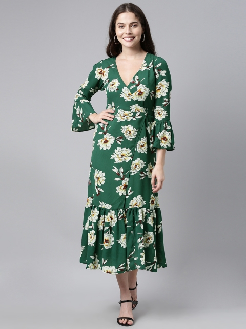 

AHIKA Women Green Floral Print Georgette Wrap Dress