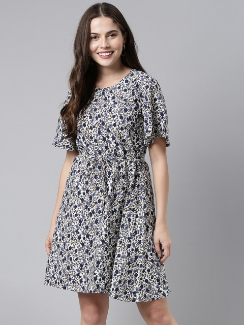 

AHIKA Women Off-White & Navy Blue Printed Fit & Flare Dress