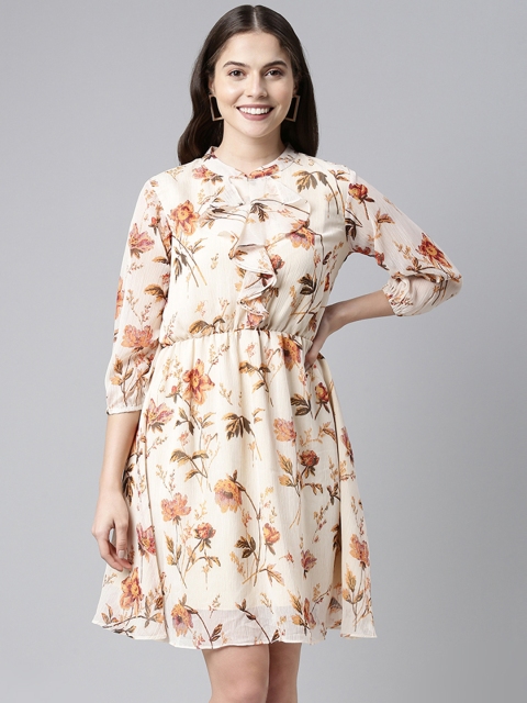 

AHIKA Beige & Brown Floral Print A-Line Dress with Ruffles