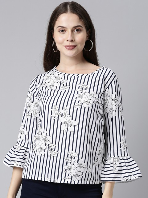 

AHIKA White & Navy Blue Floral Printed Bell Sleeve Crepe Regular Top