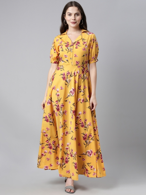 

AHIKA Women Yellow & Pink Floral Print Georgette Fit & Flare Dress
