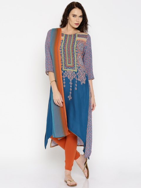 

IMARA Teal Blue & Rust Orange Printed Churidar LIVA Kurta with Dupatta