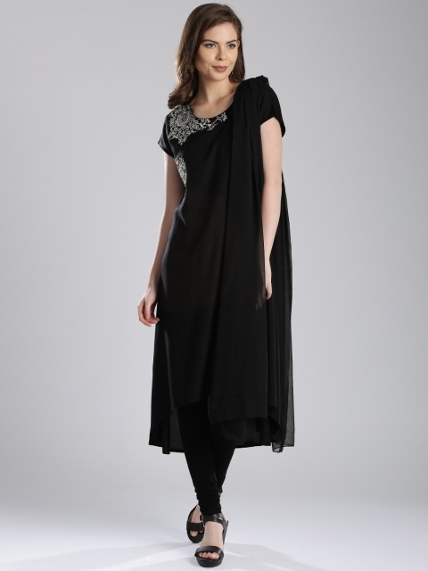 

IMARA Black & White Embroidered Churidar Kurta with Dupatta