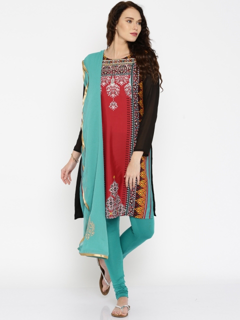 

IMARA Maroon & Green Printed Churidar Kurta with Dupatta