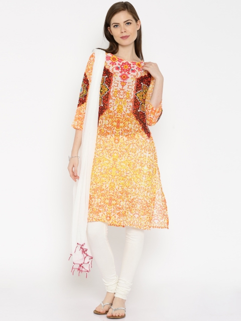 

IMARA Off-White & Orange Printed Kurta with Dupatta
