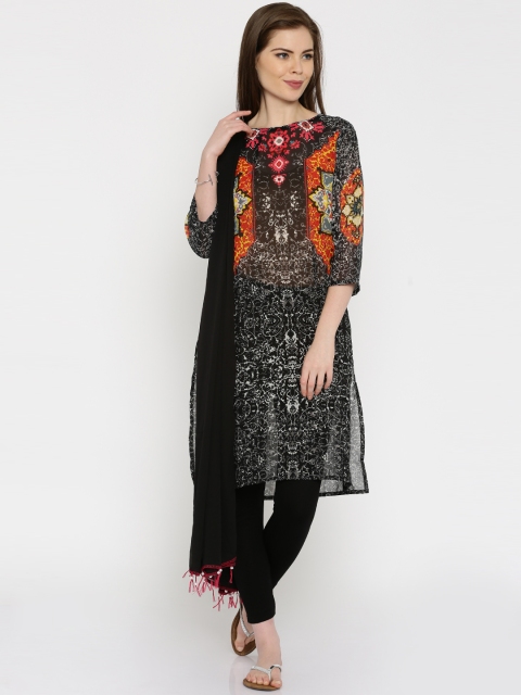 

IMARA Black Printed Churidar Kurta with Dupatta