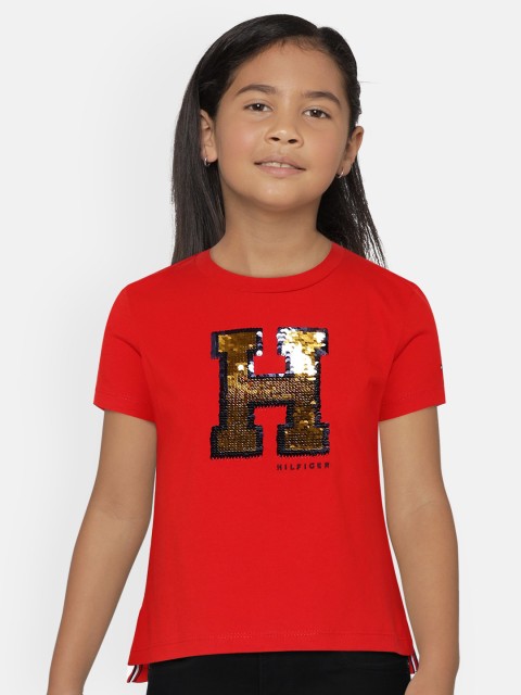 

Tommy Hilfiger Girls Red Pure Cotton Flip Sequinned Round Neck Pure Cotton T-shirt