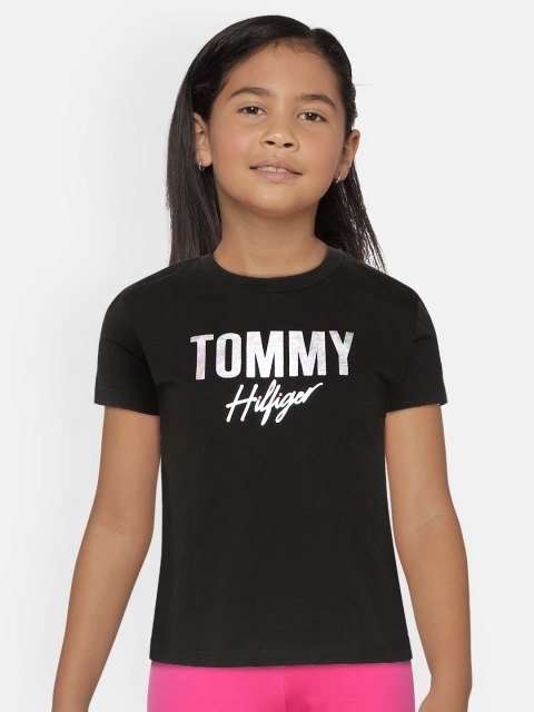

Tommy Hilfiger Girls Black Brand Logo Printed Round Neck Pure Cotton T-shirt