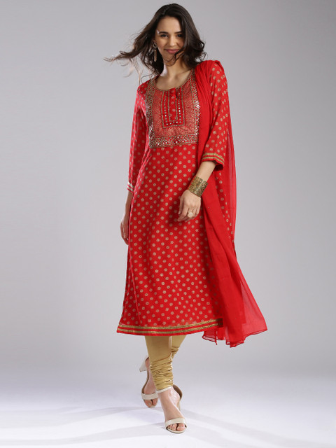 

IMARA Red & Gold-Toned Printed Embellished Churidar Kurta with Dupatta