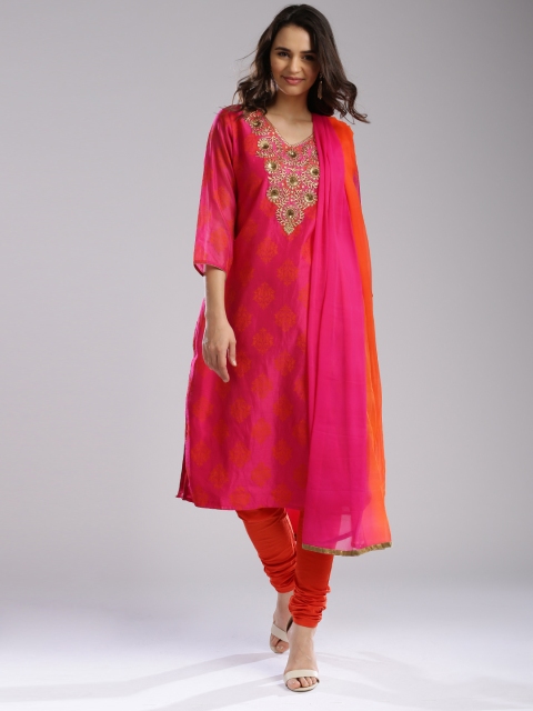 

IMARA Pink & Red Printed Embellished Churidar Kurta with Dupatta
