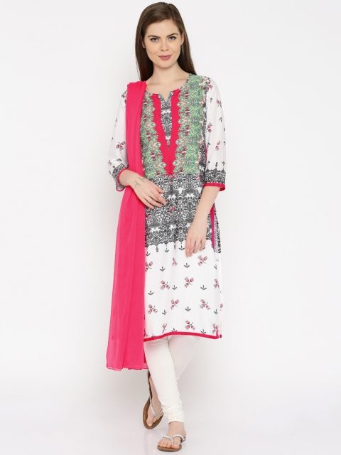

IMARA White & Pink Printed Churidar Kurta with Dupatta