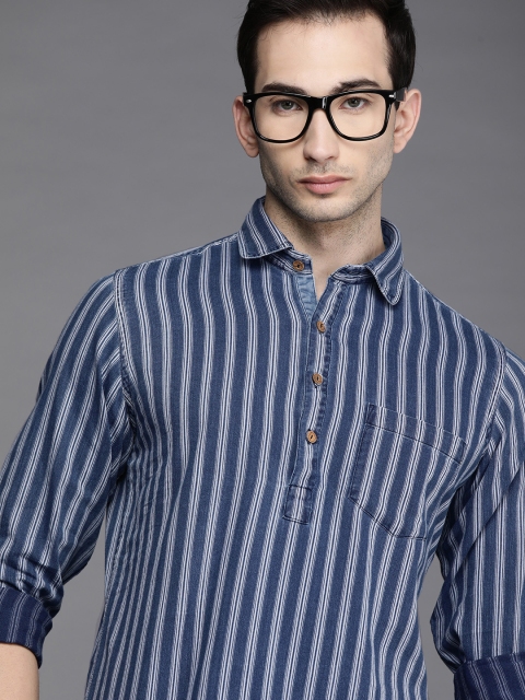 

Ethnix by Raymond Men Navy Blue & White Striped Kurta