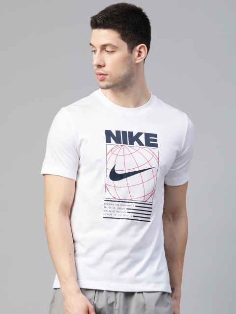 

Nike Men White & Navy Blue Dri-Fit Typography Printed Training or Gym T-shirt