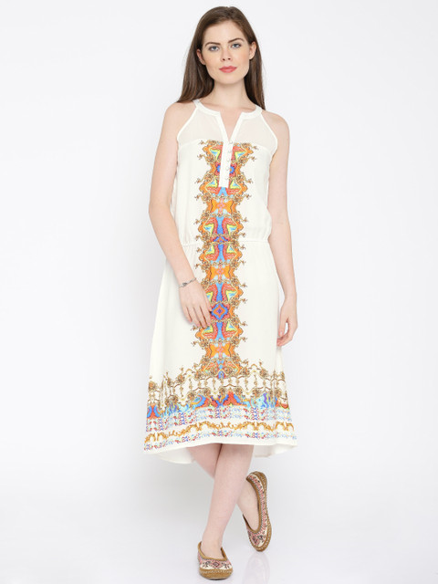 

IMARA Fusion Women White Printed Fit and Flare LIVA Dress