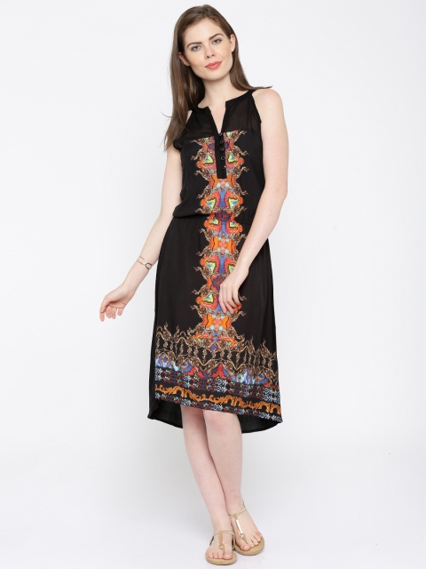 

IMARA Fusion Women Black Printed Fit & Flare LIVA Dress