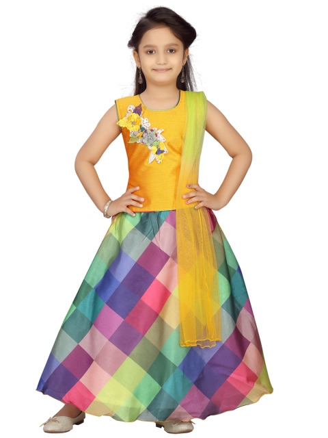 

Aarika Girls Yellow & Blue Embroidered Ready to Wear Lehenga & Blouse with Dupatta
