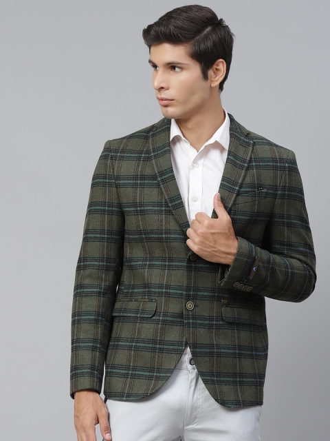 

Blackberrys Men Olive Green & Blue Slim Fit Checked Single-Breasted Casual Blazer