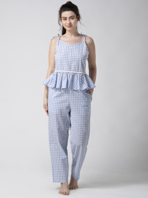 

ADORENITE Women White & Blue Checked Pure Cotton Night Suit