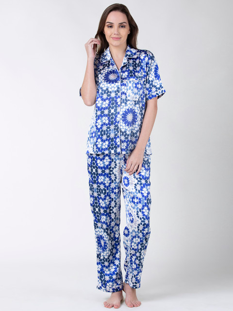 

ADORENITE Women White & Blue Printed Night suit