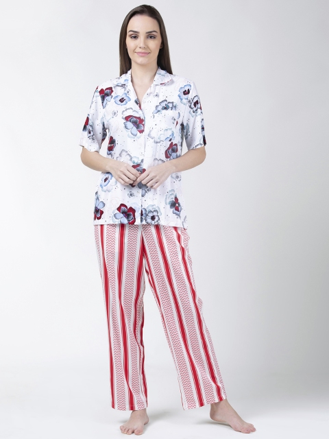 

ADORENITE Women White & Red Printed Night suit