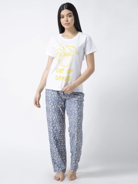 

ADORENITE Women White & Blue Printed Night suit