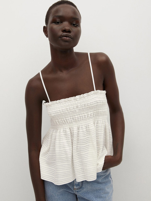 

MANGO White Solid Smocked A-line Top