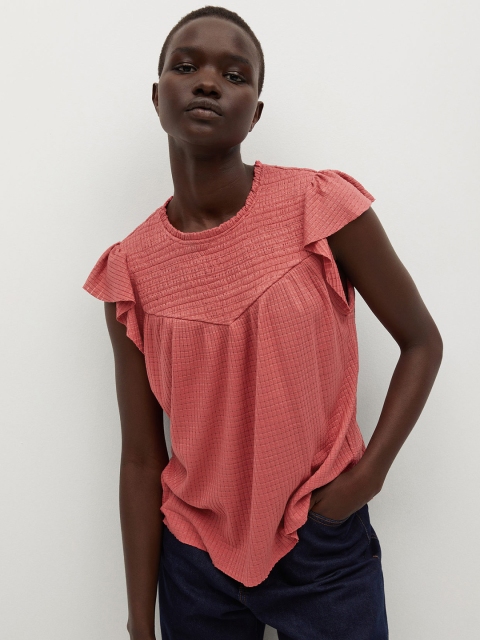 

MANGO Women Pink Self Design Regular Top with Smocked Detail