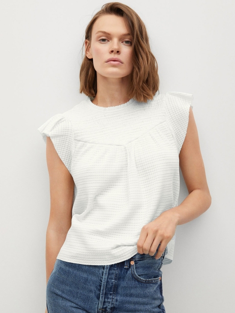 

MANGO Off White Solid Ruffled Regular Top