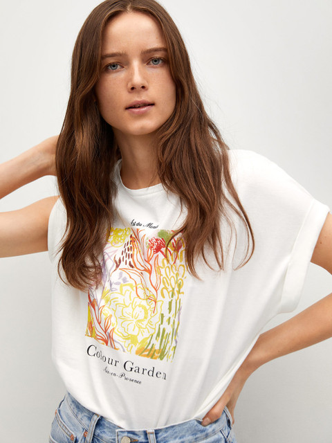 

MANGO Women White & Yellow Printed Extended Sleeves Organic Cotton T-shirt