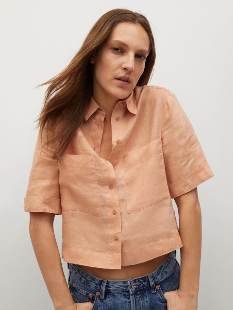 

MANGO Women Peach Coloured Solid Linen Pocket Casual Shirt