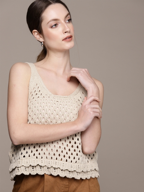 

MANGO Off-White Pure Cotton Open Knit Crochet Top, Cream