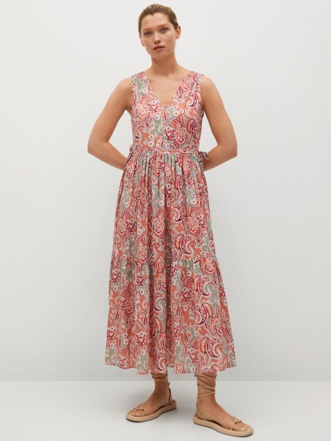 

MANGO Coral Pink & Green Ethnic Motifs Print Pure Cotton A-Line Midi Dress, Orange