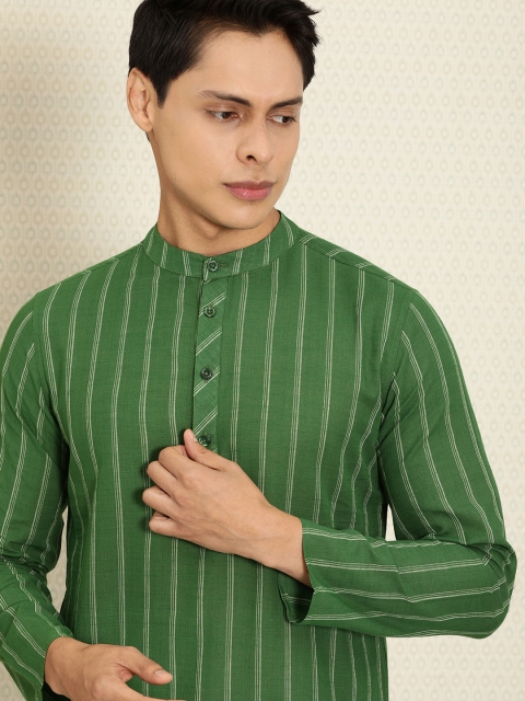 

House of Pataudi Men Green & Off White Striped Kurta