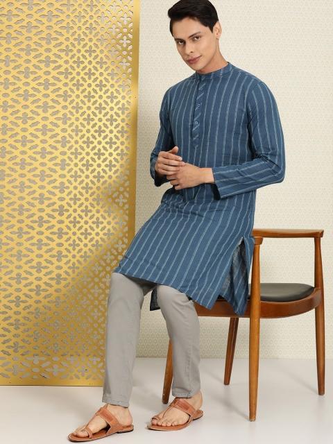 

House of Pataudi Men Blue & Grey Striped Kurta