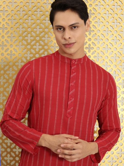 

House of Pataudi Men Red & Off White Striped Kurta