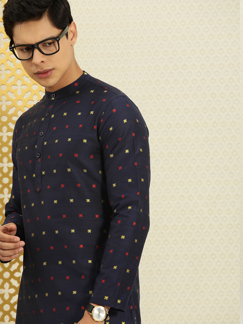 

House of Pataudi Men Navy Blue Woven Design Jashn Kurta