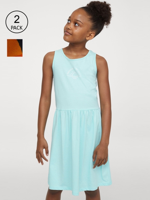 

H&M Girls Pack of 2 Turquoise Blue & Navy Blue Cotton Fit & Flare Dresses