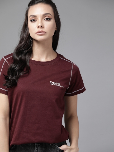 

Roadster Women Burgundy Solid Relaxed Fit Applique Pure Cotton T-shirt