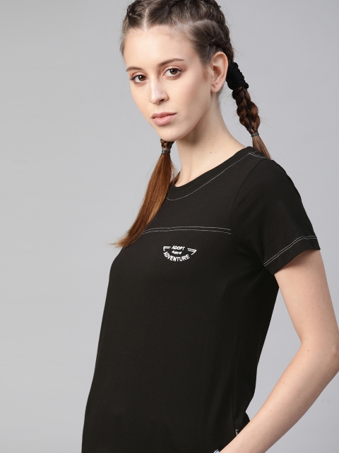 

Roadster Women Black Typography Embroidered Pure Cotton T-shirt