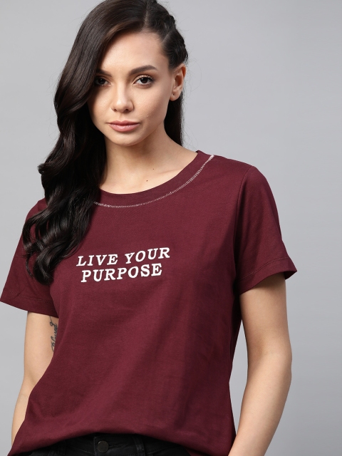 

Roadster Women Maroon Typography Printed T-shirt