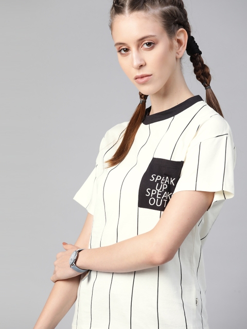 

Roadster Women White Black Striped Pure Cotton Drop-Shoulder Sleeves Pure Cotton T-shirt