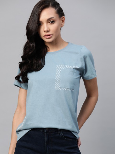 

Roadster Women Blue Printed Cotton T-shirt