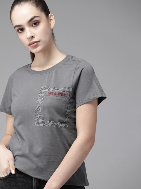 

Roadster Women Charcoal Grey Solid Cotton Pocket T-shirt with Embroidered Detail