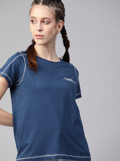 

Roadster Women Navy Blue Solid Typography Pure Cotton T-shirt