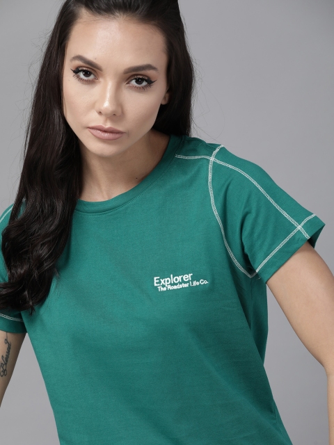 

Roadster Women Teal Green Solid Pure Cotton Applique T-shirt