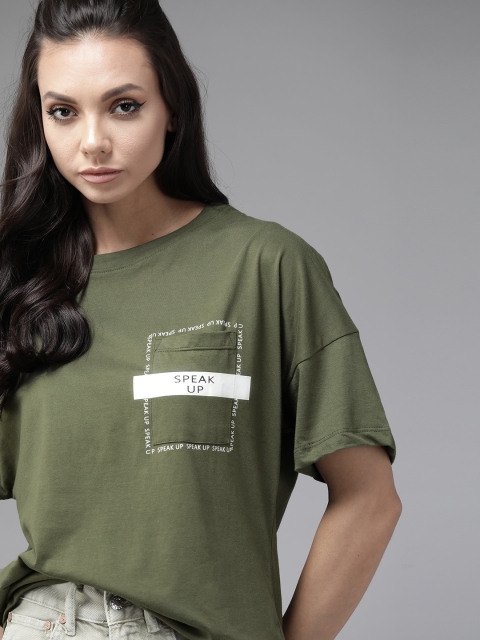 

Roadster Women Olive Green Solid Pure Cotton Drop-Shoulder Sleeves T-shirt
