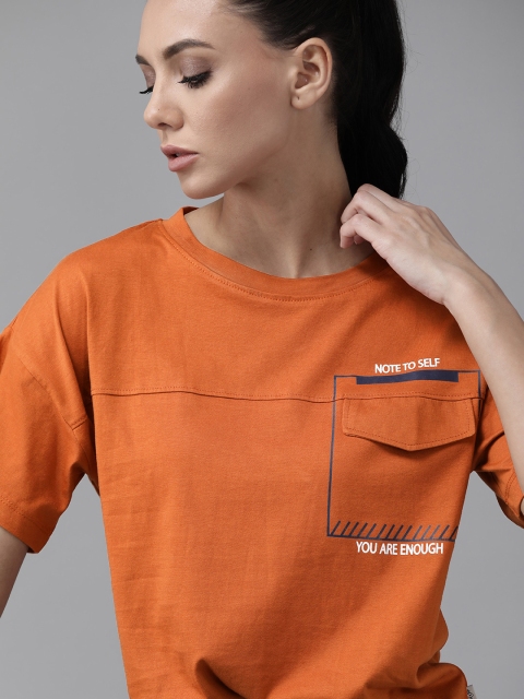 

Roadster Women Rust Orange Cotton Easy Boxy Fit Mock Pocket Detailing Pure Cotton T-shirt