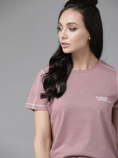 

Roadster Women Mauve Solid Pure Cotton Applique Pure Cotton T-shirt